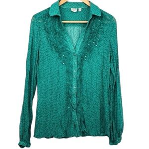 VTG Esprit Sheer Green & Black Spot Pattern Ruffle Sequin Button Down Blouse M